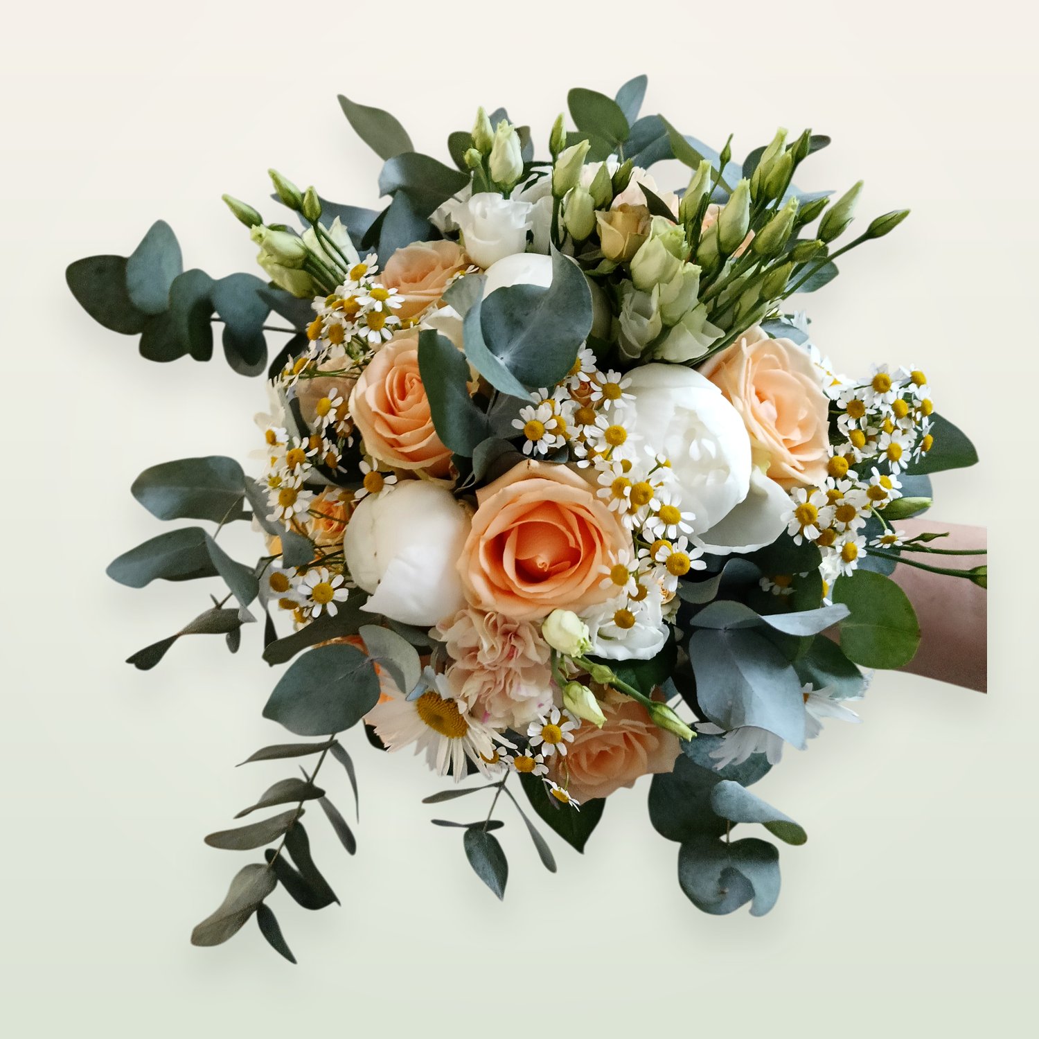 Bouquet de mariée champêtre pêche et blanc
